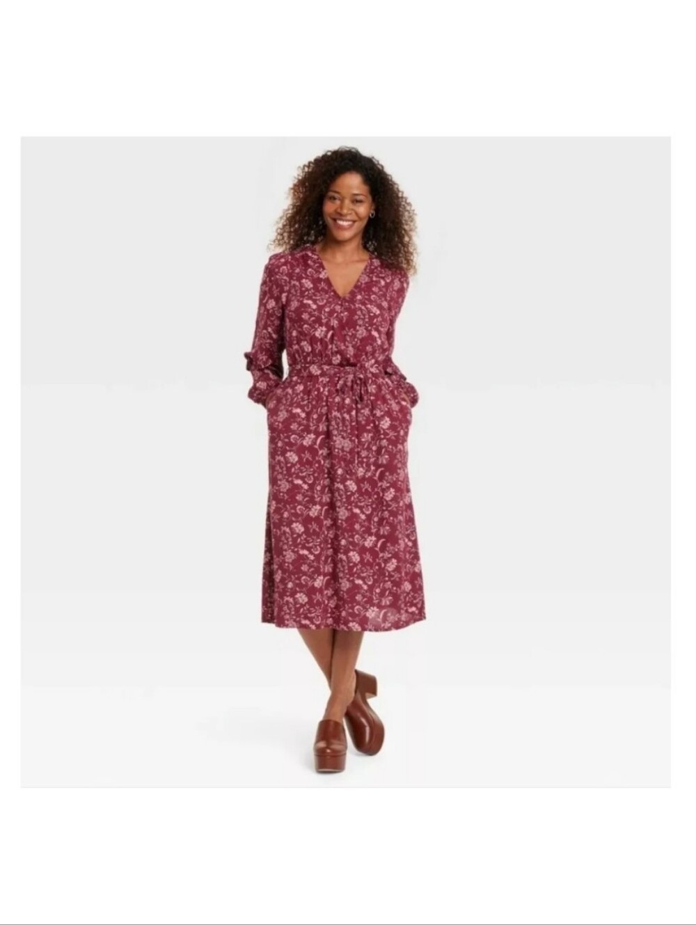Knox Rose Berry Floral V-Neck Tie-Waist Midi Dress